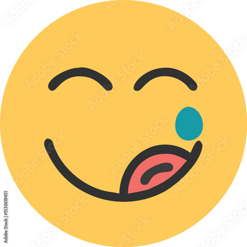 Yummy face smiley icon delicious with tongue lick mouth, tasty food eating emoticon face on yellow background, tasty emoji with saliva drops, smile vector cartoon line style
