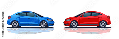 Two cars facing each other symbolizing trade war concept blue and red vehicles on reflective surface automotive competition theme