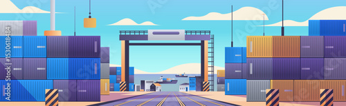 Shipping containers port trade logistics concept. Stacked colorful containers with a crane and ship under a clear sky. Industrial seaport scene