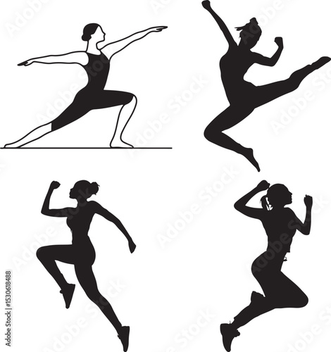  Athletic Silhouette Set Featuring Lunge, Jump, and Running Poses in Bold Black Vector Style
