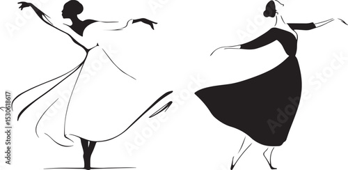 Stylized Dancer Silhouette Duo Featuring Flowing Dresses and Expressive Poses in Black Vector Style