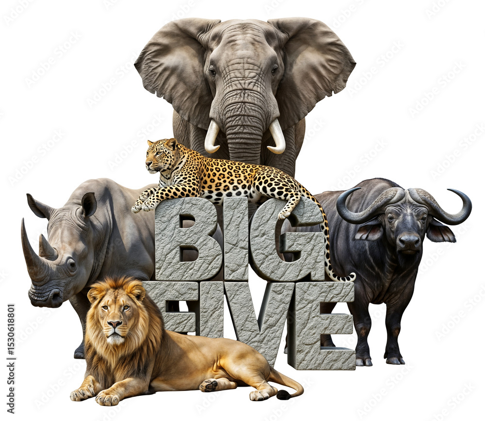 Fototapeta premium The African Big Five animals: elephant, lion, leopard, rhinoceros, and buffalo standing around big stone letters