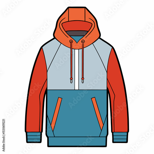 Technical Flat Sketch of a Long Sleeve Hoodie with Fashion Design Details and Vector Illustration for Apparel
