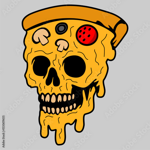 Skull with Melting Pizza Slice Vector Illustration
