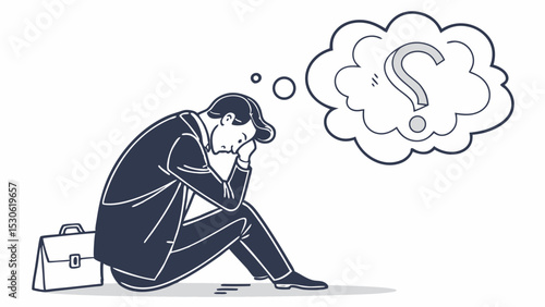 A man in a suit sitting with his head in his hands next to a briefcase and a question mark thought bubble