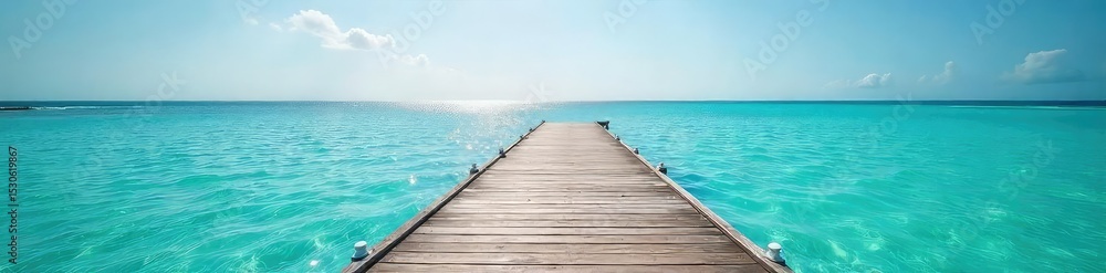 Serene island dock extending into calm turquoise water, sunlight glistening on the surface Perfect for travel, vacation, or idyllic getaway imagery , pier, blue Serene island dock extending into calm turquoise water, sunlight glistening on the surface Perfect for travel, vacation, or idyllic getaway imagery , pier, blue