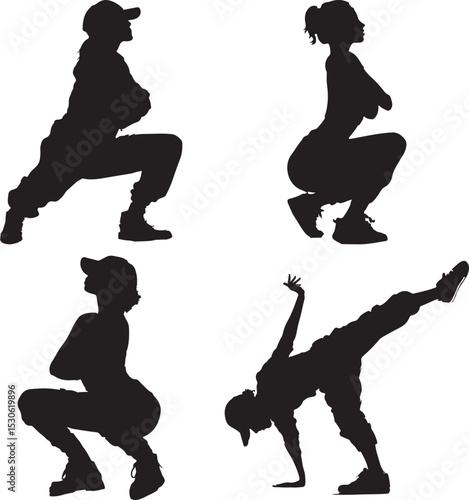 Human Pose Silhouette Set Featuring Squatting and One-Handed Handstand Figures in Black Vector Style