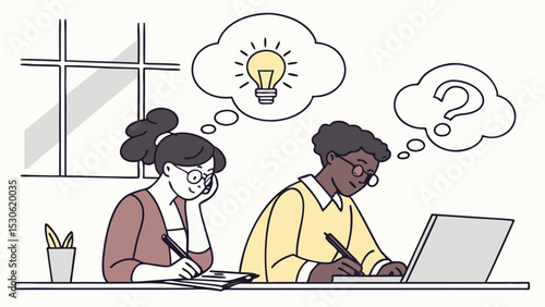 Two students studying with a lightbulb idea and a question mark in thought bubbles near a window pane