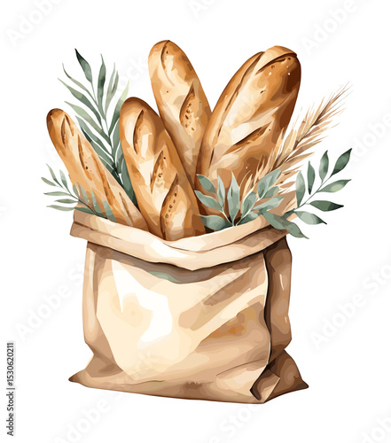 Watercolor Illustration of Fresh Baguettes in a Paper Bag with Greenery - Rustic and Artistic Bakery Concept