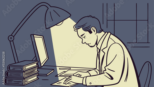 Illustration of a man working at a desk with a lamp computer and books in a dimly lit room at night