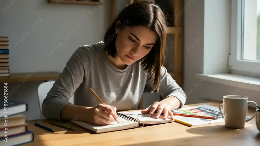 Young woman studying at a wooden table, writing notes in a notebook, surrounded by books and a coffee cup Young woman studying at a wooden table, writing notes in a notebook, surrounded by books and a coffee cup