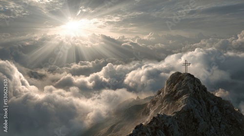 A striking image of a cross atop a mountain peak, with the suns rays bursting through the clouds behind it, representing the triumph of faith over adversity.