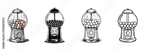 set of gumball machine vector illustrations, candy dispenser for retro and nostalgia
