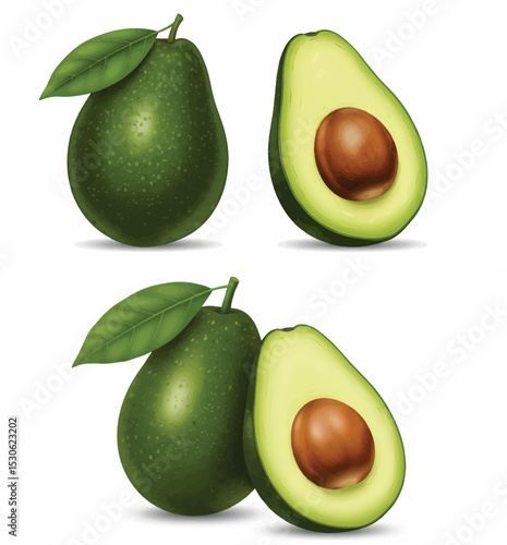 Fresh Whole and Sliced Avocados with Leaf

