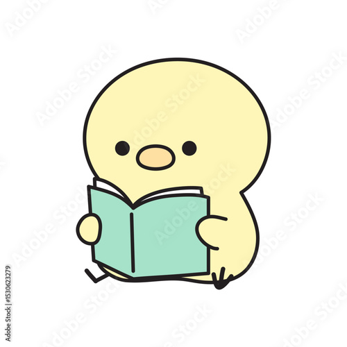 座って本を読む可愛いひよこのイラスト