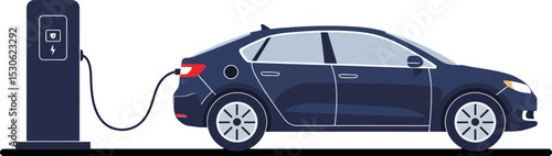 Illustration of electric vehicle (EV) is connected to an electric charging station.