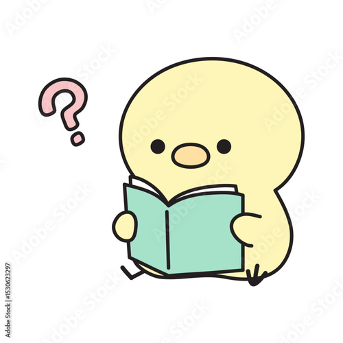 クエスチョンマークを浮かべながら、座って読書する可愛いひよこのイラスト