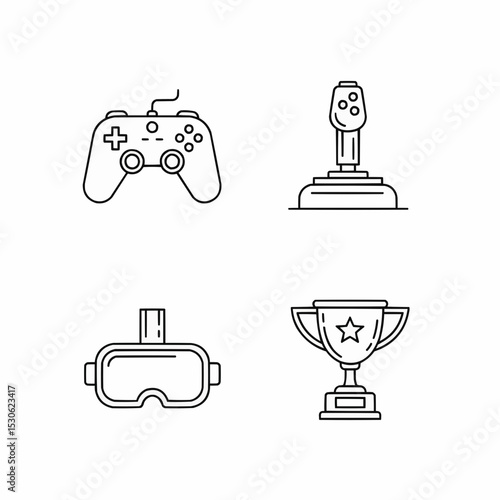 Set of Gaming-Themed Icons Including Controller, Trophy, and VR Goggles