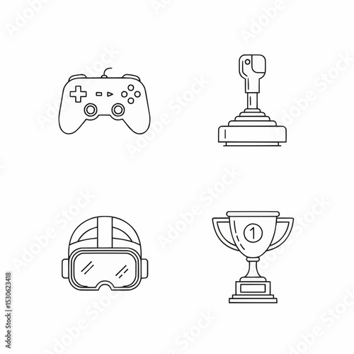 Set of Gaming-Themed Icons Including Controller, Trophy, and VR Goggles