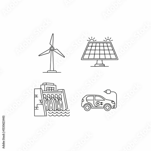 Renewable Energy Icons Illustrating Sustainable Power Sources and Technologies
