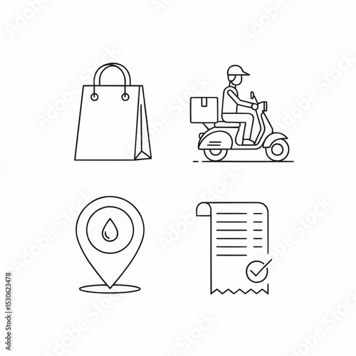  outline-style icons of delivery, shopping, tracking, and completed orders, symbolizing logistics and e-commerce industry processes