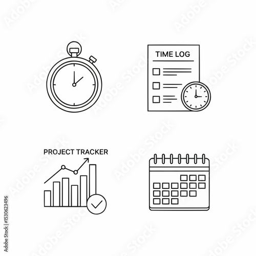 time management and organization concepts with stopwatch, time log, project tracker, and calendar icons