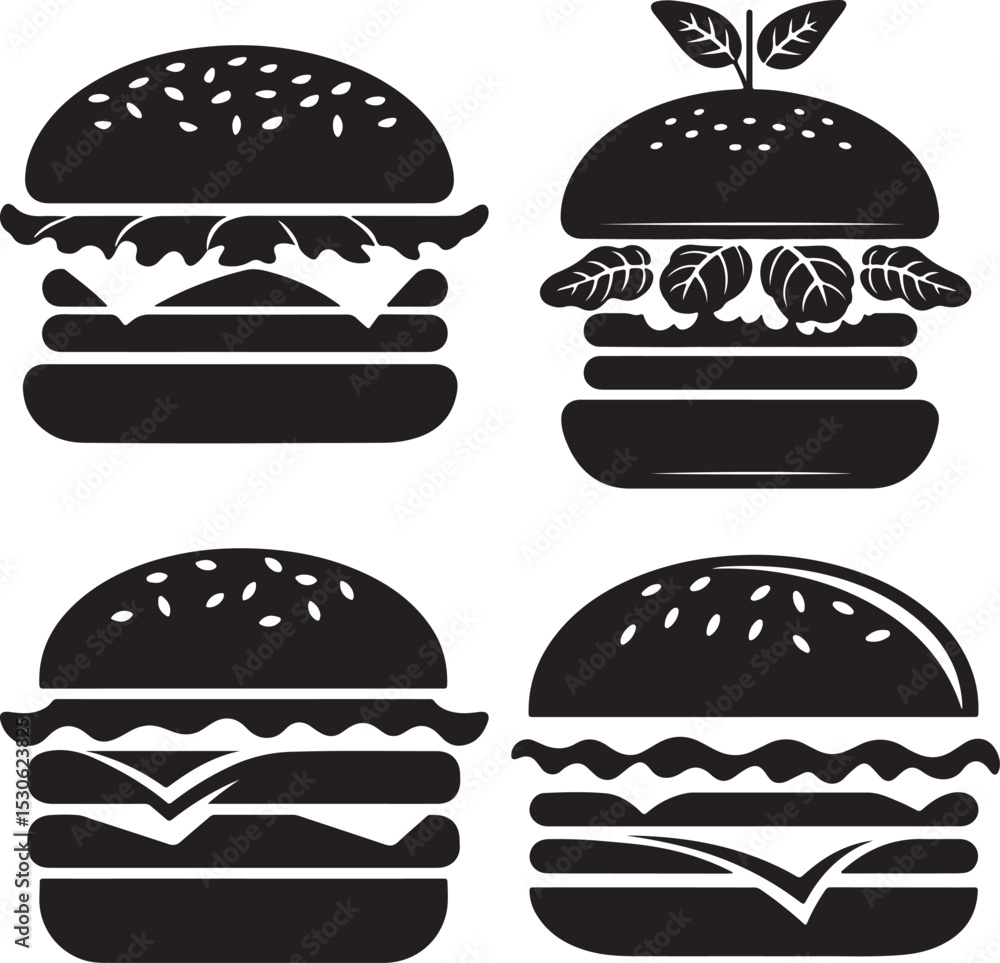 Variety of Hamburger Silhouettes set Featuring Classic and Gourmet Ingredients Variety of Hamburger Silhouettes set Featuring Classic and Gourmet Ingredients