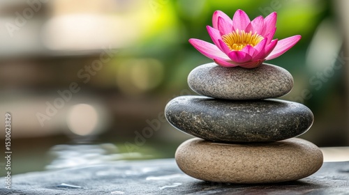 Pink lotus flower atop balanced stones.