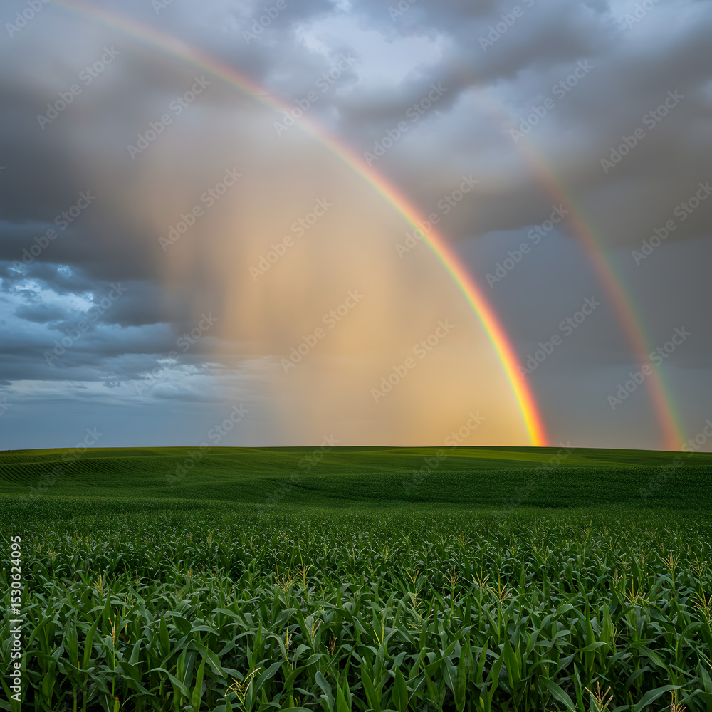 Naklejka premium Double Rainbow over Lush Green Field: A Stunning Nature Photography