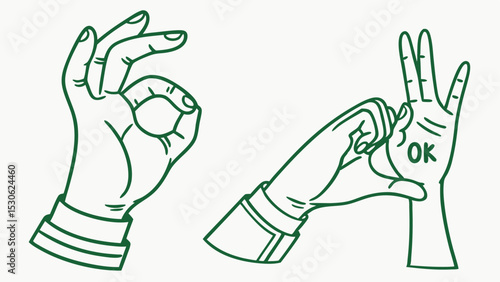 Illustration of two hands making ok gestures with green outlines on a white background showing approval