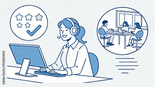 Customer service representative with headset working at computer with meeting in background image