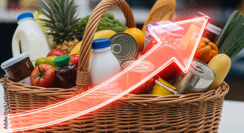 Wicker Basket Overflowing With Various Groceries And A Rising Red Arrow Symbolizing Inflation