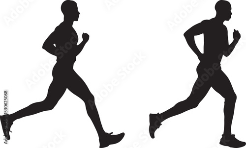 Pair of Running Human Silhouettes Depicting Athletic Motion in Bold Black Vector