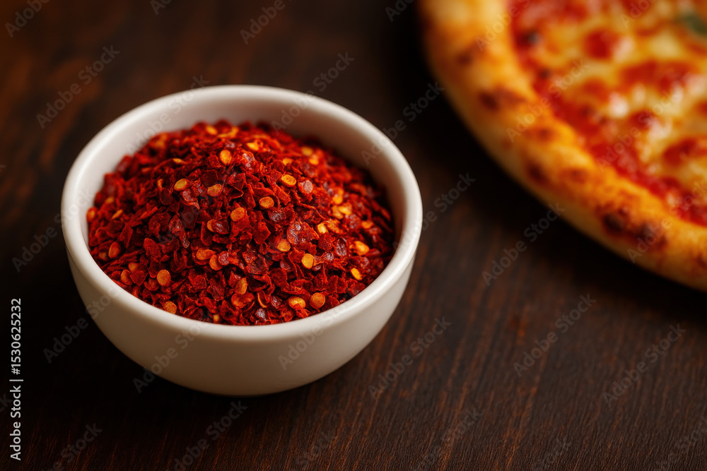 Crushed Chili Flakes with Pizza:A small white bowl filled with vibrant red crushed chili flakes sits on a dark brown wooden surface, with a partially visible cheese pizza in the background. Crushed Chili Flakes with Pizza:A small white bowl filled with vibrant red crushed chili flakes sits on a dark brown wooden surface, with a partially visible cheese pizza in the background.