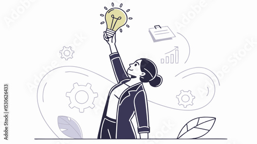 Woman in suit holding a light bulb with gears and charts floating around her in a line art style design