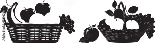 Fruit Basket Silhouette Set Featuring Bananas, Apples, and Grapes in Black Vector Style