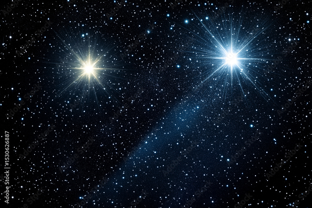 Obraz premium Bright binary star system with two luminous suns illuminating the night sky in a distant galaxy