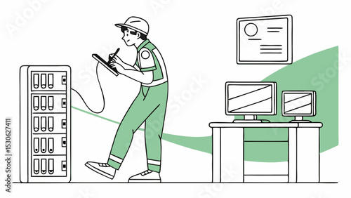 Technician inspecting server rack and writing on clipboard near computers and certificate on wall