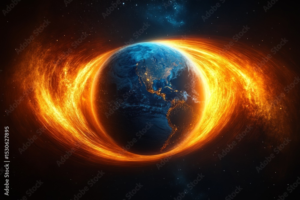 Obraz premium Exploring the dynamic effects of Earth's magnetic field on climate and weather patterns in a vibrant cosmic representation