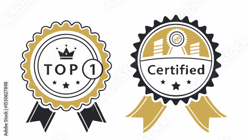 Illustration of two badges displaying top one and certified with stars and ribbons on a white background
