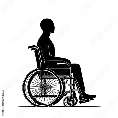 Man in wheelchair silhouette isolated on transparent background. Person in wheelchair silhouette side view isolated on transparent background