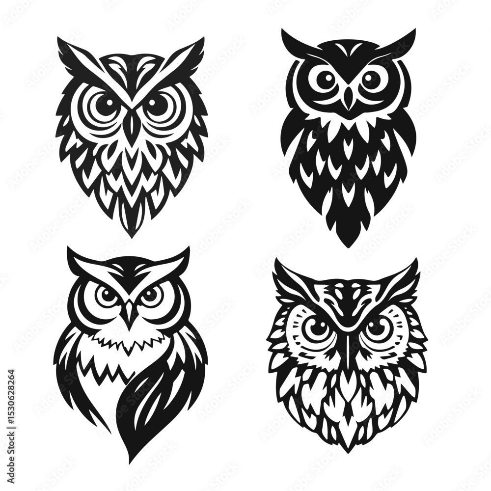 Set of owl silhouettes in flat style, cartoon owl, owl silhouette, vector illustration Set of owl silhouettes in flat style, cartoon owl, owl silhouette, vector illustration