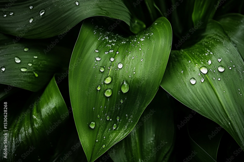 Obraz premium Dew-covered green leaves glisten in the morning sun after recent rainfall near a lush garden