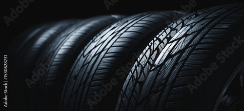 Black background with a close-up of black tires in a row. Abstract banner for a car, automotive, or mobile shop concept. Background for advertising and design with copy space.
