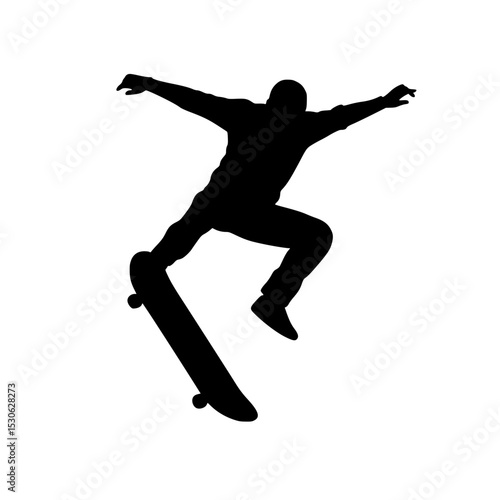 Skateboarder silhouette jumping high action pose isolated on transparent background. Skateboarder silhouette mid air trick isolated on transparent background