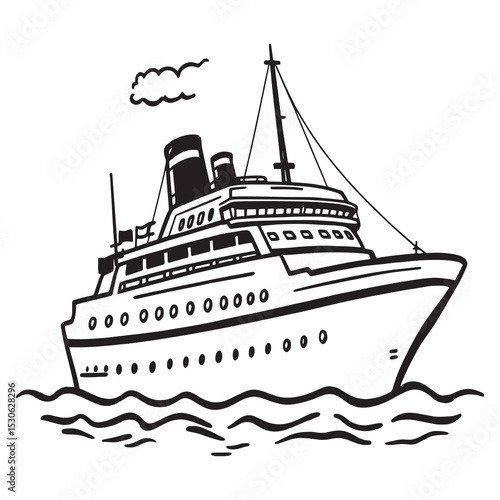 Outline drawing of large cruise ship with smokestacks