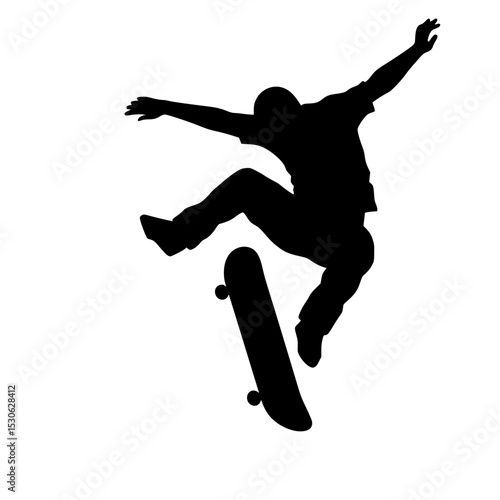 Skateboarder silhouette jumping high action pose isolated on transparent background. Skateboarder silhouette mid air trick isolated on transparent background