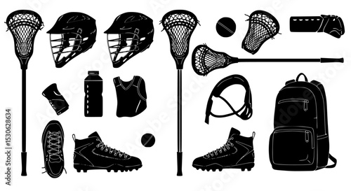 Lacrosse equipment silhouette collection isolated on transparent background