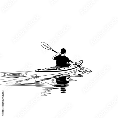 Kayaker silhouette on calm water isolated on transparent background. Kayaker paddling on calm water silhouette isolated on transparent background. Kayaker art 