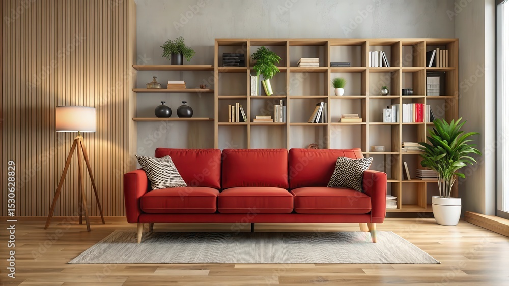 custom made wallpaper toronto digitalCozy modern living room with a bold red sofa and wooden bookshelf in a neutral background